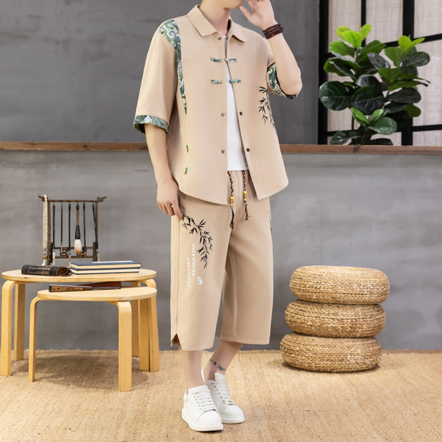 Chinese Style Short-Sleeved Shirt Men's Summer Suit Ice Silk Thin New Chinese Style High-End National Trend Shirt Two-Piece Set