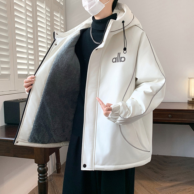 Hooded velvet thickened work jacket men's winter warm windproof cotton coat color-blocked jacket high-end assault cotton coat