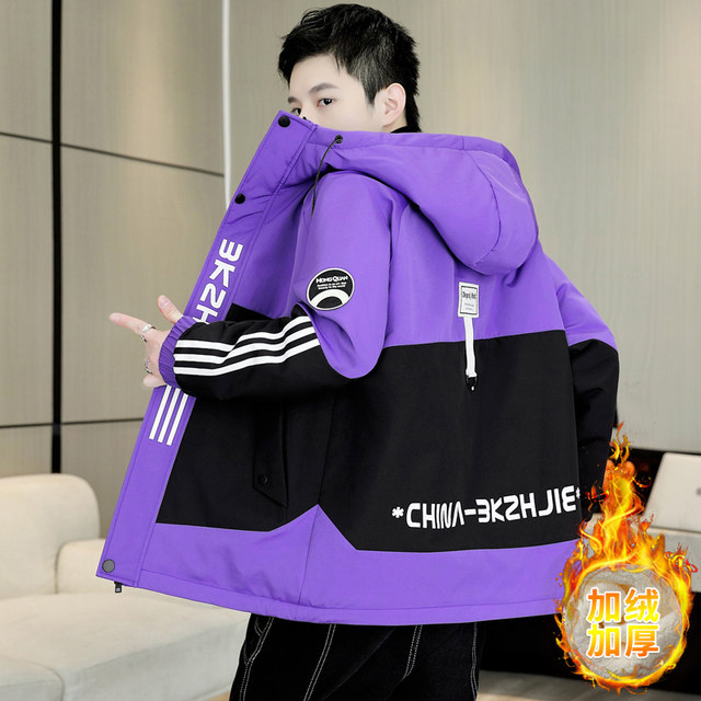 Hong Kong style hooded velvet jacket men's autumn and winter trendy brand thickened warm jacket teenagers color matching work clothes tops