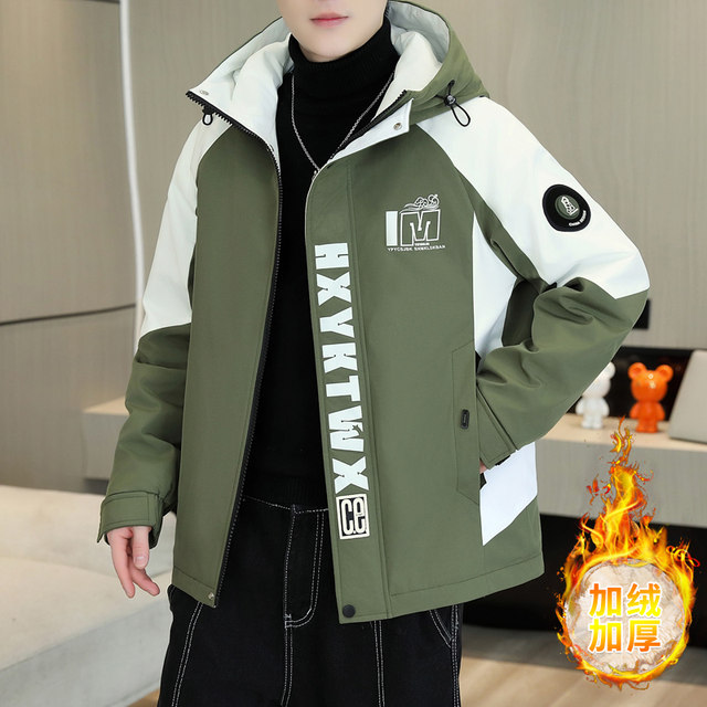 Men's Lamb Wool Jacket for Autumn and Winter, Fleece-Lined, Thickened, Casual, Loose-Fitting, Hooded Jacket, Trendy Brand, Color-Blocked Cotton Coat