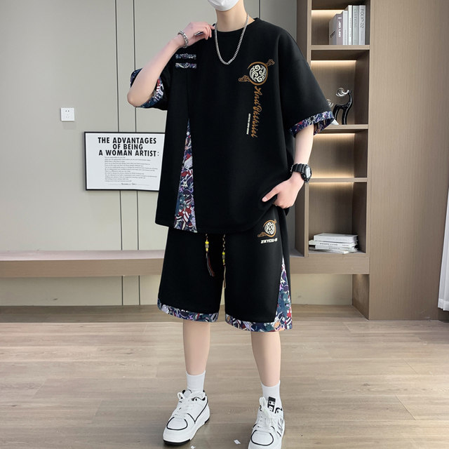 Two-piece set of men's national style thin short-sleeved shorts paired with youth summer ice silk T-shirt casual sports suit