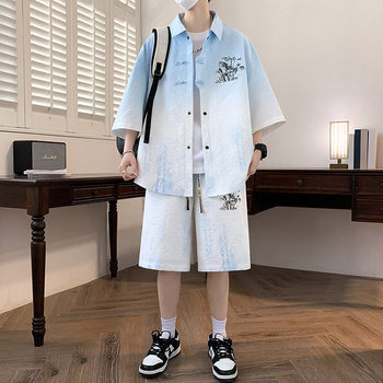 New Chinese Style Casual Shirt Set for Men, Summer Fashion Trendy Brand Short-Sleeve Shorts, National Trend Cool Men's Clothing