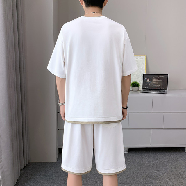 Waffle sports suit men's summer thin round neck short-sleeved T-shirt handsome shorts trend matching two-piece set