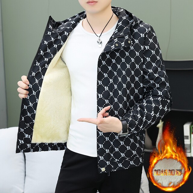 Hooded Work Jacket for Men, Autumn and Winter Trendy Brand, Fleece-Lined, Thickened, High-End Casual Warm Jacket with All-Over Print