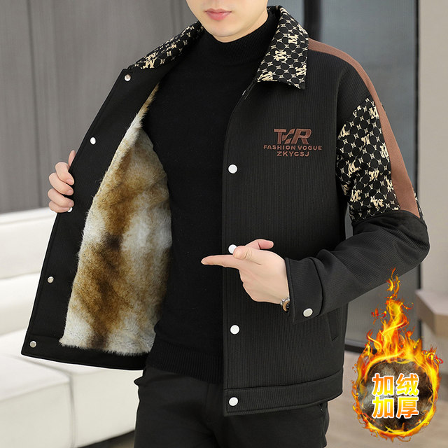 Lapel plus velvet thickened jacket for men in winter, youth handsome trendy brand fashion design workwear warm jacket clothes