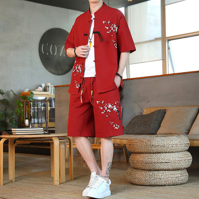 Summer Suit Waffle Knit Short-Sleeve Shirt Men's Set Plum Blossom Embroidery Five-Point Shorts Loose Trendy Brand Two-Piece Set