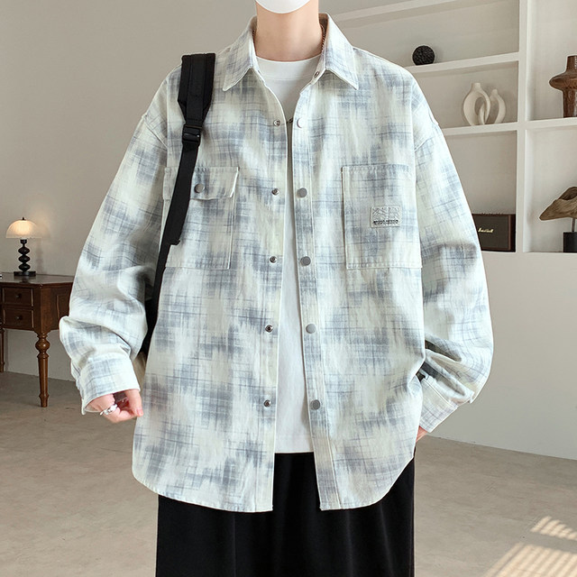 Plaid Long-Sleeved Shirt Jacket for Men Spring 2026 New Loose Lapel Jacket for Teenagers and Students American Style Top