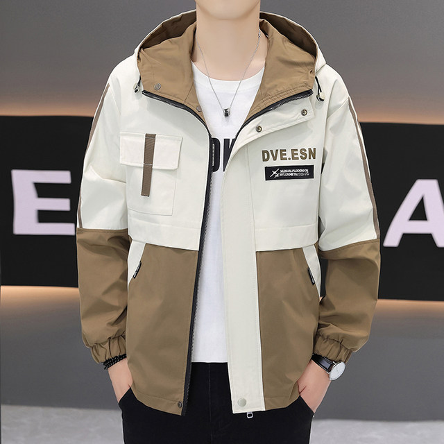 2026 New Spring and Autumn Casual Jacket for Men, Korean Style Trendy Color-Blocking Loose Hooded Workwear Windbreaker for Young People