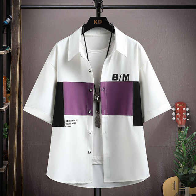 Ice Silk Short-Sleeved Shirt for Men, New Summer Style, Loose Half-Sleeved Workwear Jacket, Trendy Brand Fashion Splicing Casual Shirt