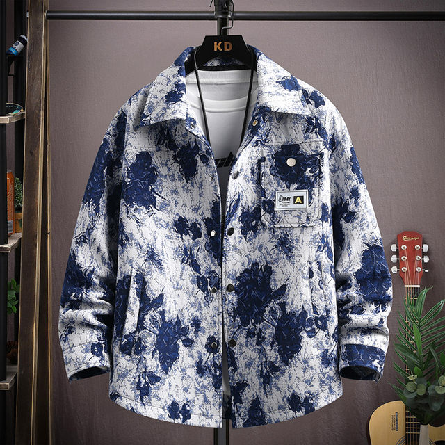 Autumn men's jacket loose and handsome ethnic style print 2025 new trendy brand versatile casual lapel top jacket