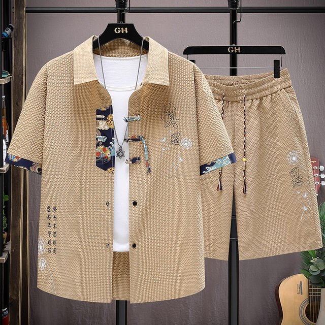 Chinese style short-sleeved shirt men's summer ice silk national trend shirt shorts suit teenagers handsome matching set