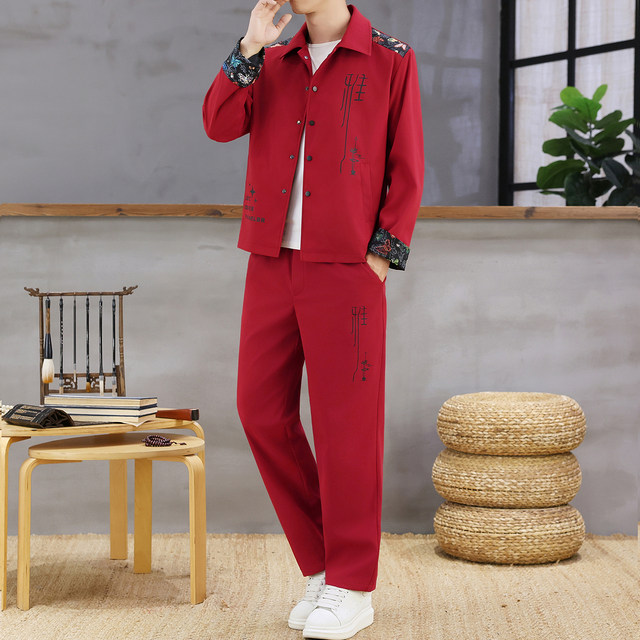 Autumn New Chinese Style Jacket Suit for Men with Lapel, High-End Design, Printed Fashion, Long-Sleeved Long Pants Two-Piece Set