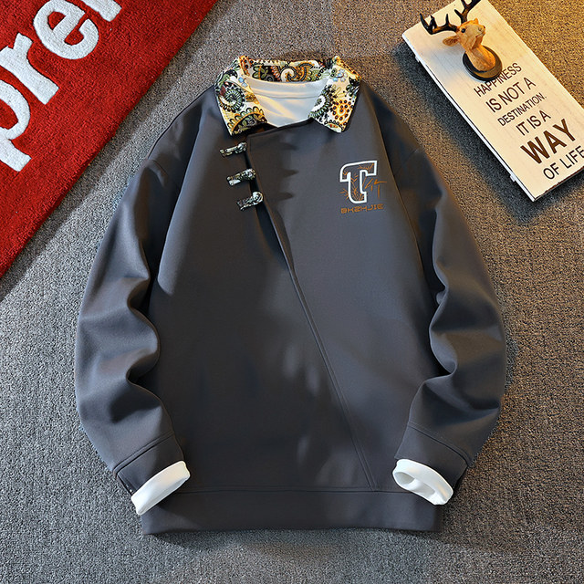 New Chinese Style Sweatshirt for Men, Spring and Autumn Design, Lapel Jacket, Top Clothing for Teenagers, National Trend Button-Up Pullover