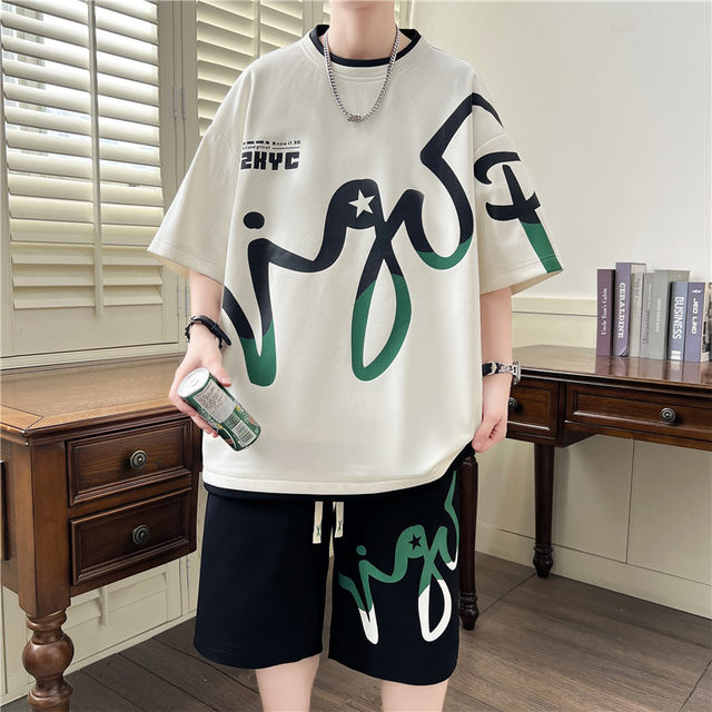 Short-Sleeved Shorts Suit for Men, Summer Ice Silk Cool-Feeling T-Shirt, Youth Casual Loose Sports Two-Piece Suit t