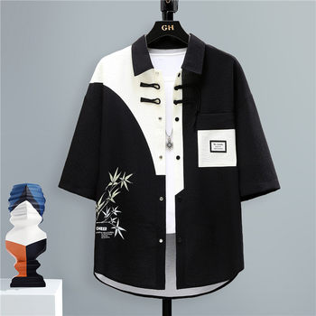 Chinese Style Short-Sleeved Shirt for Men, Summer Loose Fit, Trendy and Cool, Five-Quarter Sleeves, New Chinese Style, Color-Blocking, Versatile and Stylish Shirt