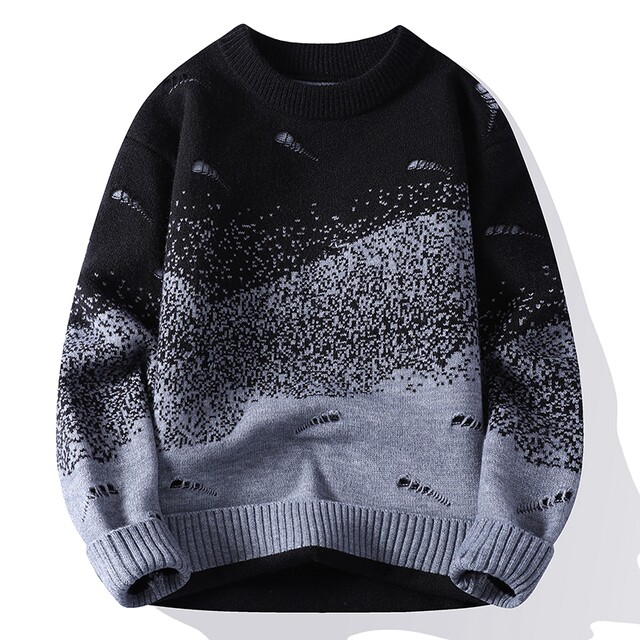 Trendy Ripped Sweater for Men, Winter Gradient Color Knit Top, Base Layer for Teenagers, Crew Neck, Trendy Brand Knitwear