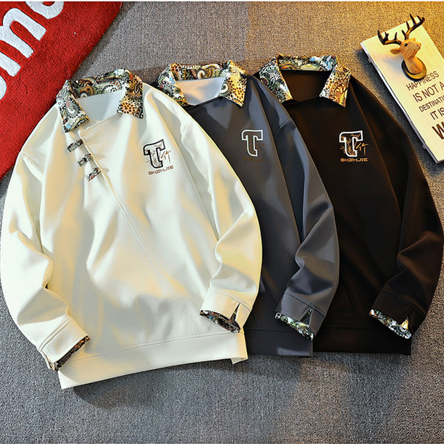 New Chinese Style Sweatshirt for Men, Spring and Autumn Design, Lapel Jacket, Top Clothing for Teenagers, National Trend Button-Up Pullover