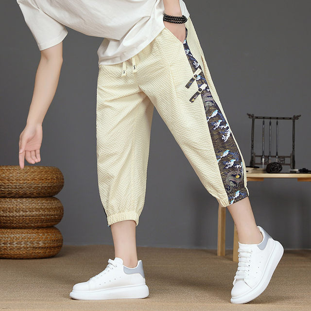 Men's Ice Silk Shorts, Thin Style, Chinese Style Trendy Three-Quarter Pants, Men's Summer Trendy Brand Casual New Chinese Style Cool Three-Quarter Pants