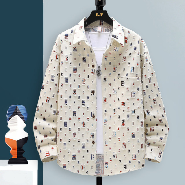 Long-Sleeved Shirt for Men, Autumn Pure Cotton Ripped Plaid Shirt, High-End Trendy Cool Casual Shirt Jacket