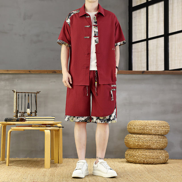 New Chinese Style Men's Summer Outfit, Short-Sleeved Shirt and Casual Shorts Two-Piece Set, Cool and Stylish Complete Outfit