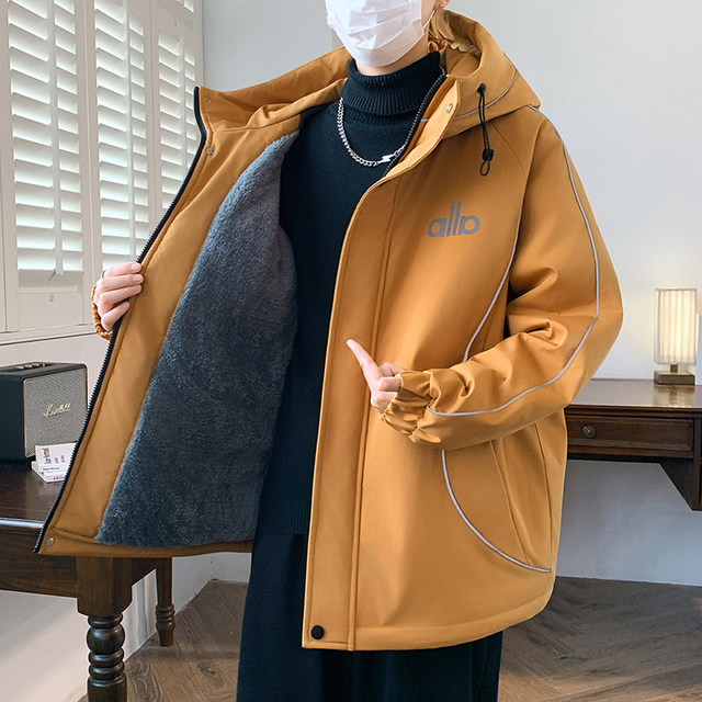 Hooded velvet thickened work jacket men's winter warm windproof cotton coat color-blocked jacket high-end assault cotton coat