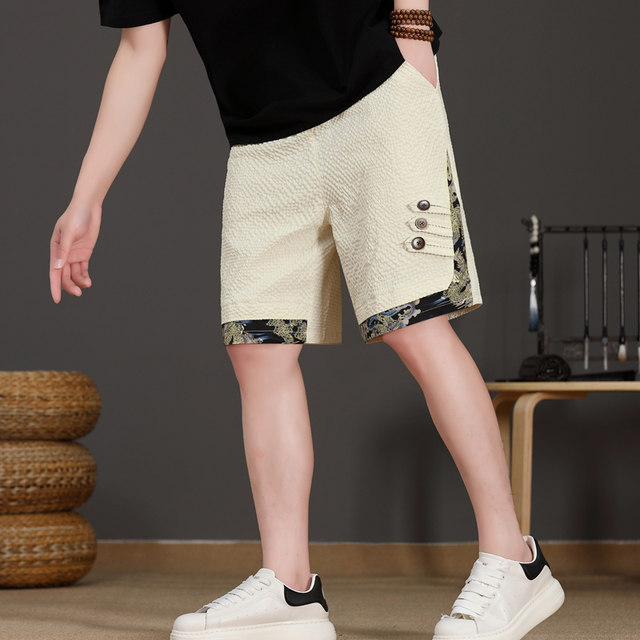 Chinese Style New Shorts for Men, Summer Thin Ice Silk Quick-Drying Loose Mid-Length Pants, Trendy Patchwork Casual Five-Point Pants