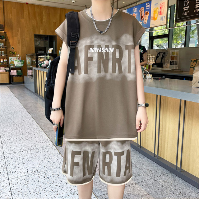 American Casual Sports Suit for Men, Summer Sleeveless T-Shirt, Vest, Trendy Brand, Large Size, Five-Point Shorts, Vest Two-Piece Set