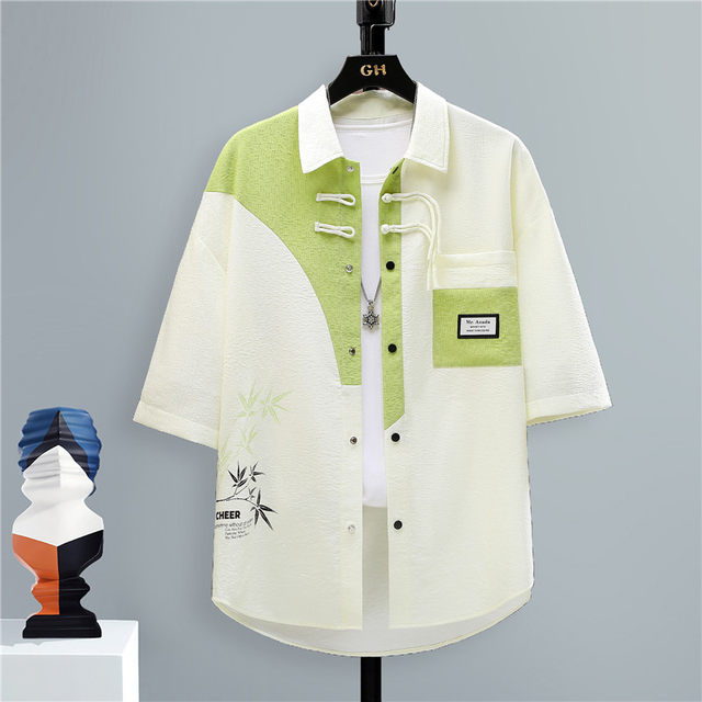 Chinese Style Short-Sleeved Shirt for Men, Summer Loose Fit, Trendy and Cool, Five-Quarter Sleeves, New Chinese Style, Color-Blocking, Versatile and Stylish Shirt