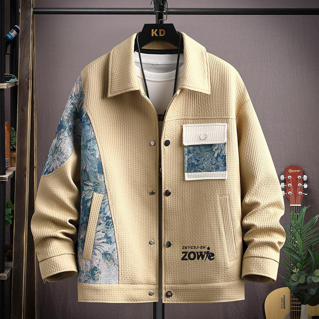 Waffle jacket men's autumn ethnic style splicing loose casual lapel jacket fashionable handsome versatile clothing