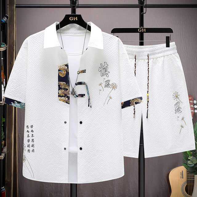 Chinese style short-sleeved shirt men's summer ice silk national trend shirt shorts suit teenagers handsome matching set
