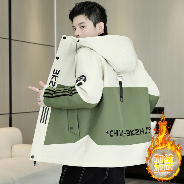 Hong Kong style hooded velvet jacket men's autumn and winter trendy brand thickened warm jacket teenagers color matching work clothes tops