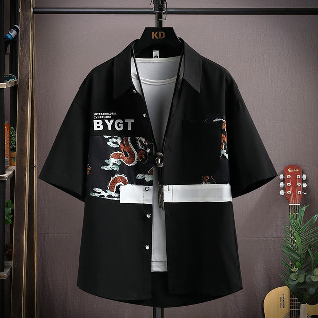 Ice Silk Short-Sleeved Shirt for Men, New Summer Style, Loose Half-Sleeved Workwear Jacket, Trendy Brand Fashion Splicing Casual Shirt