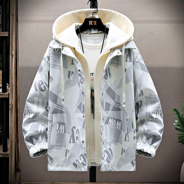 Fake two-piece hooded jacket for men in autumn new contrasting color printed windproof jacket handsome and versatile youth casual top