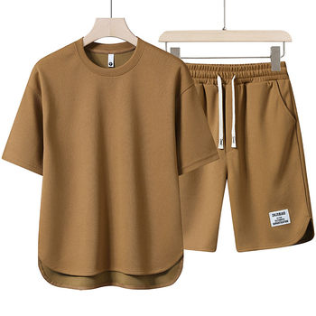 Summer Short-Sleeve Suit for Men, Round-Neck T-Shirt, High-End Solid Color Half-Sleeve, Slit Hem, Thin and Breathable, Five-Point Shorts Two-Piece Set