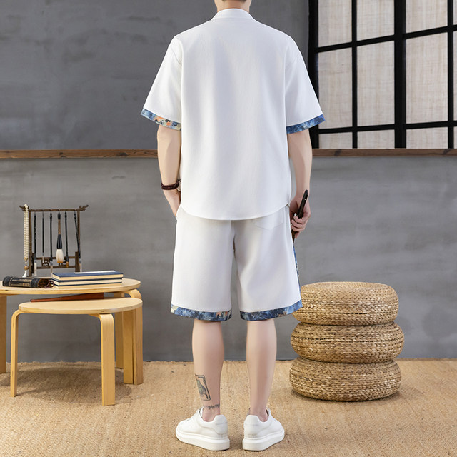 Chinese Style Short-Sleeved Shirt Men's Summer Suit Ice Silk Thin New Chinese Style Short-Sleeved T-Shirt Shirt-Style Two-Piece Set
