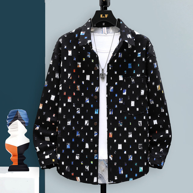 Long-Sleeved Shirt for Men, Autumn Pure Cotton Ripped Plaid Shirt, High-End Trendy Cool Casual Shirt Jacket