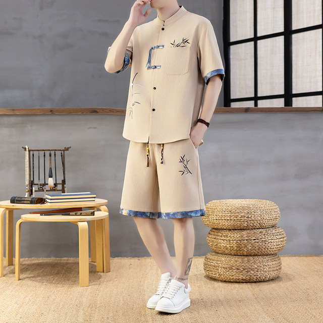 Chinese Style Short-Sleeved Shirt Men's Summer Suit Ice Silk Thin New Chinese Style Short-Sleeved T-Shirt Shirt-Style Two-Piece Set