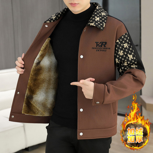 Lapel plus velvet thickened jacket for men in winter, youth handsome trendy brand fashion design workwear warm jacket clothes