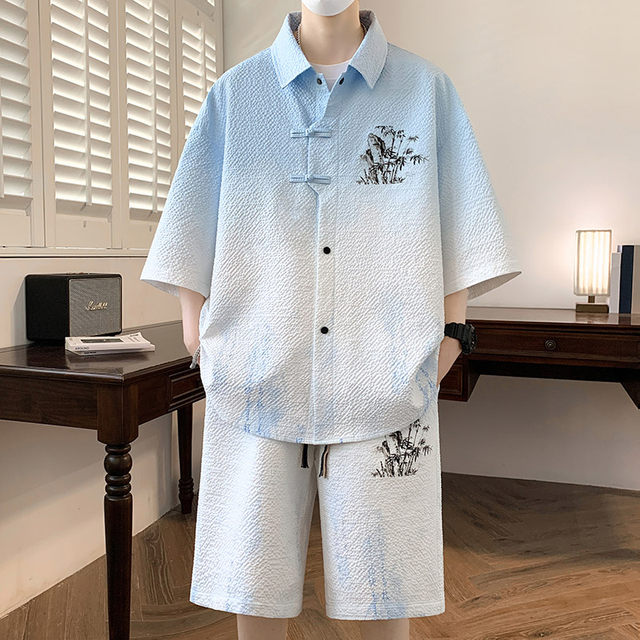 New Chinese style Chinese style casual shirt suit men's summer fashion trendy brand short-sleeved shorts national trend handsome men's clothing