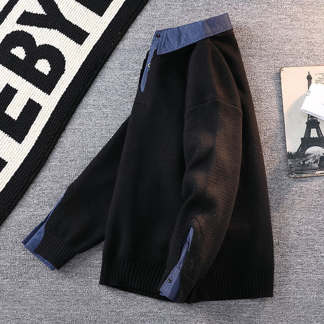 Fake Two-Piece Sweater for Men, New Winter Style, Turn-Down Collar Knit Base Shirt, Trendy Brand, Youth Warm Casual Knitwear