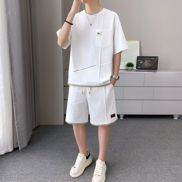 Waffle sports suit men's summer thin round neck short-sleeved T-shirt handsome shorts trend matching two-piece set