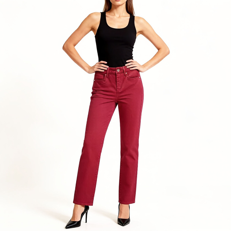 119 Us Dollars Ny Spring and Autumn Foreign Trade Plus-Size Women's Clothing for Fat Girls Mid-Waist Maroon Elastic Denim Straight-Leg Pants