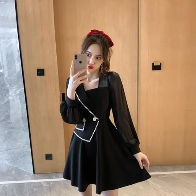 Irregular suit collar foreign dress design feeling small and light cooked waist a word dress New Year's autumn skirt new