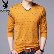 Playboy long sleeve T-shirt mens autumn trend V collar thin bottom shirt autumn clothes mens clothing