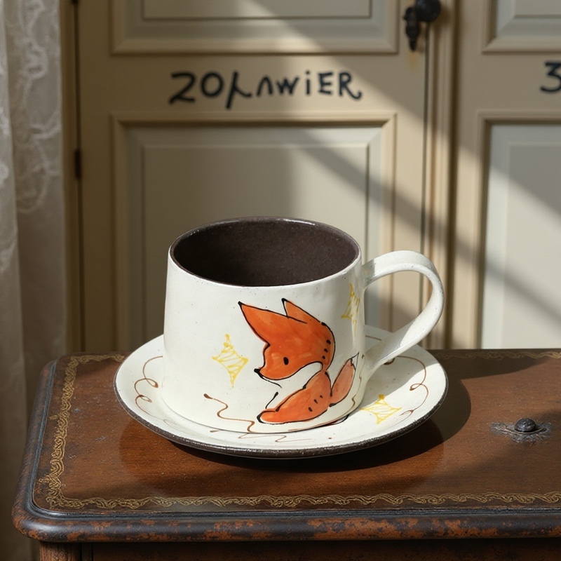 Cute Fox Pattern Ceramic Coffee Cup and Saucer Set Hand-Painted Small Cup for Office and Home Use in Macaron Color