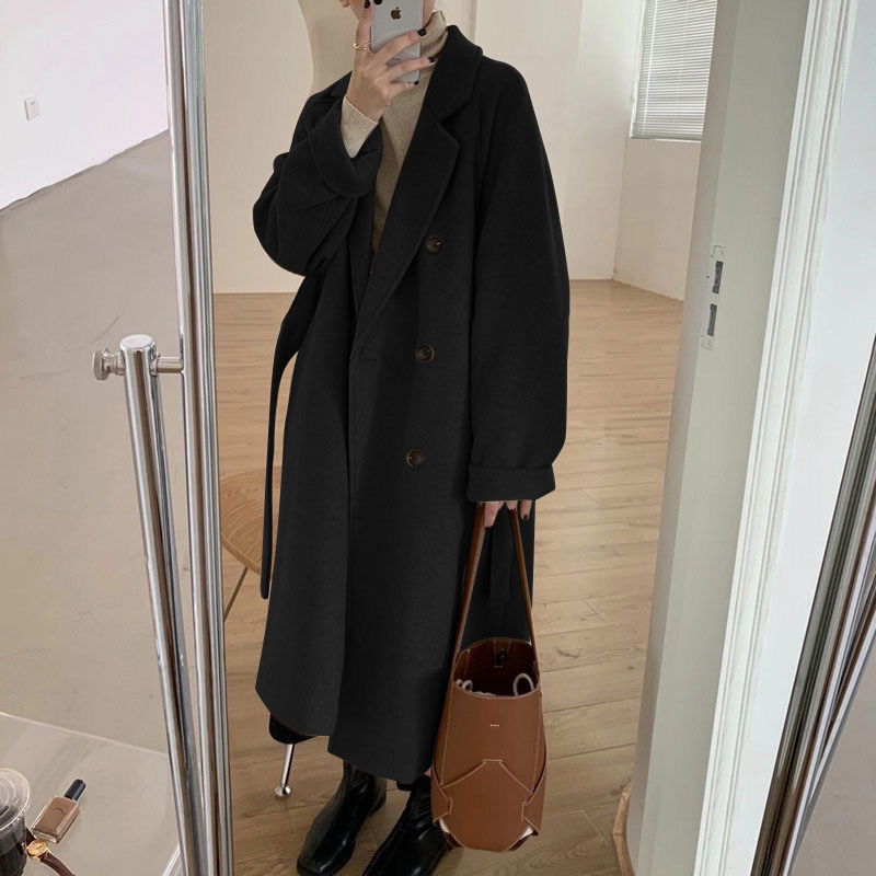 Black double-sided woolen cashmere coat women's mid-length version 2022 autumn and winter new high-end temperament small woolen coat