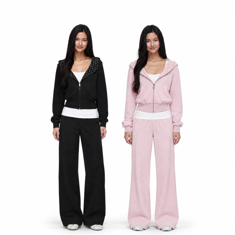 In Stock New Empire Early Autumn Polka Dot Hooded Sweatshirt Long Pants Inner Vest Casual Three-Piece Suit Top for Women