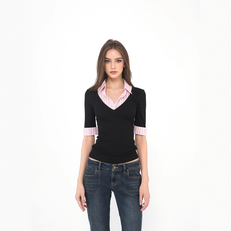 Jimkennet Korean-Style Pink Shirt with Collar, Knitted Fake Two-Piece Slim-Fit Half-Sleeve Simple Waist-Cinching Top for Women