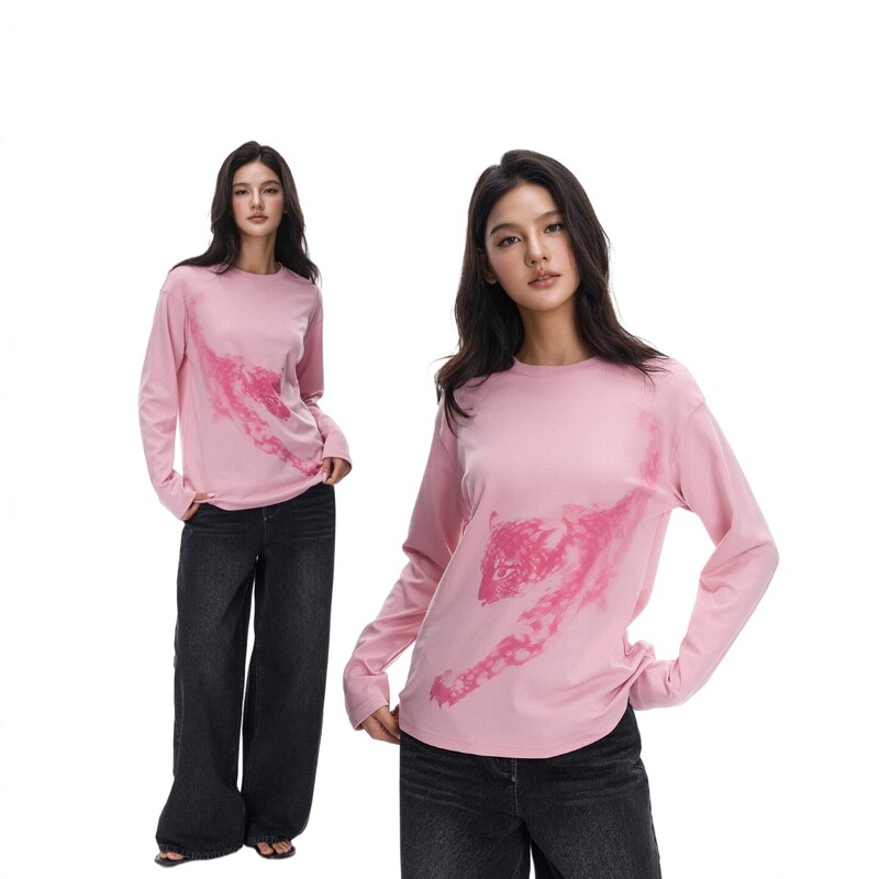In Stock Jim Kenneth Simple and Versatile Pink Leopard Print Crew Neck Pure Cotton Drop Shoulder Loose Long Sleeve T-Shirt Top In Stock Jim Kenneth Simple and Versatile Pink Leopard Print Crew Neck Pure Cotton Drop Shoulder Loose Long Sleeve T-Shirt Top