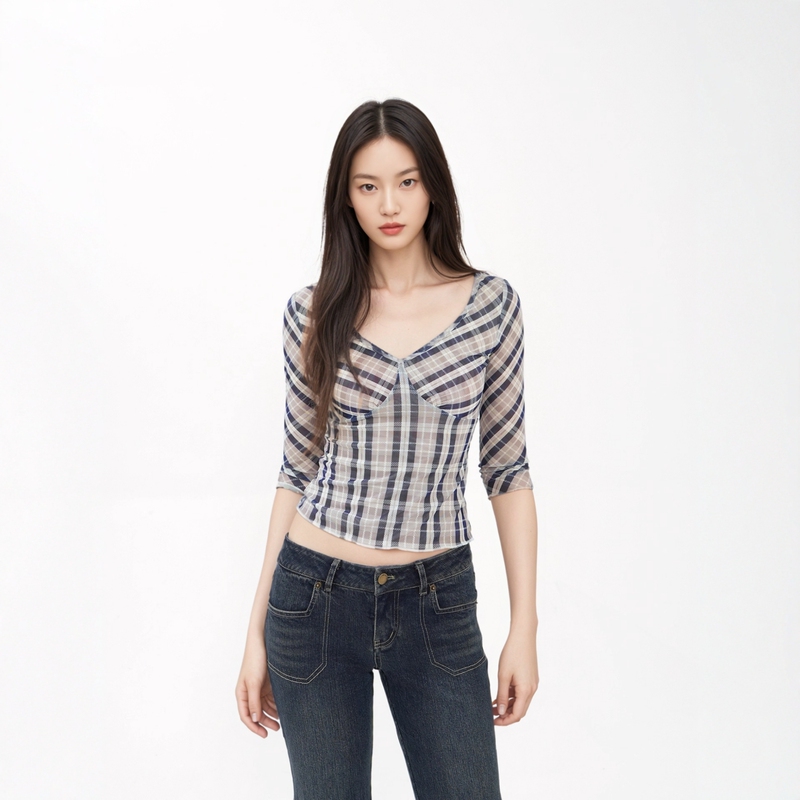 Retro Eight-Quarter Sleeve Plaid V Neck Slim Fit Waist-Cinching T-Shirt Mesh Long-Sleeved Blouse Top Retro Eight-Quarter Sleeve Plaid V Neck Slim Fit Waist-Cinching T-Shirt Mesh Long-Sleeved Blouse Top